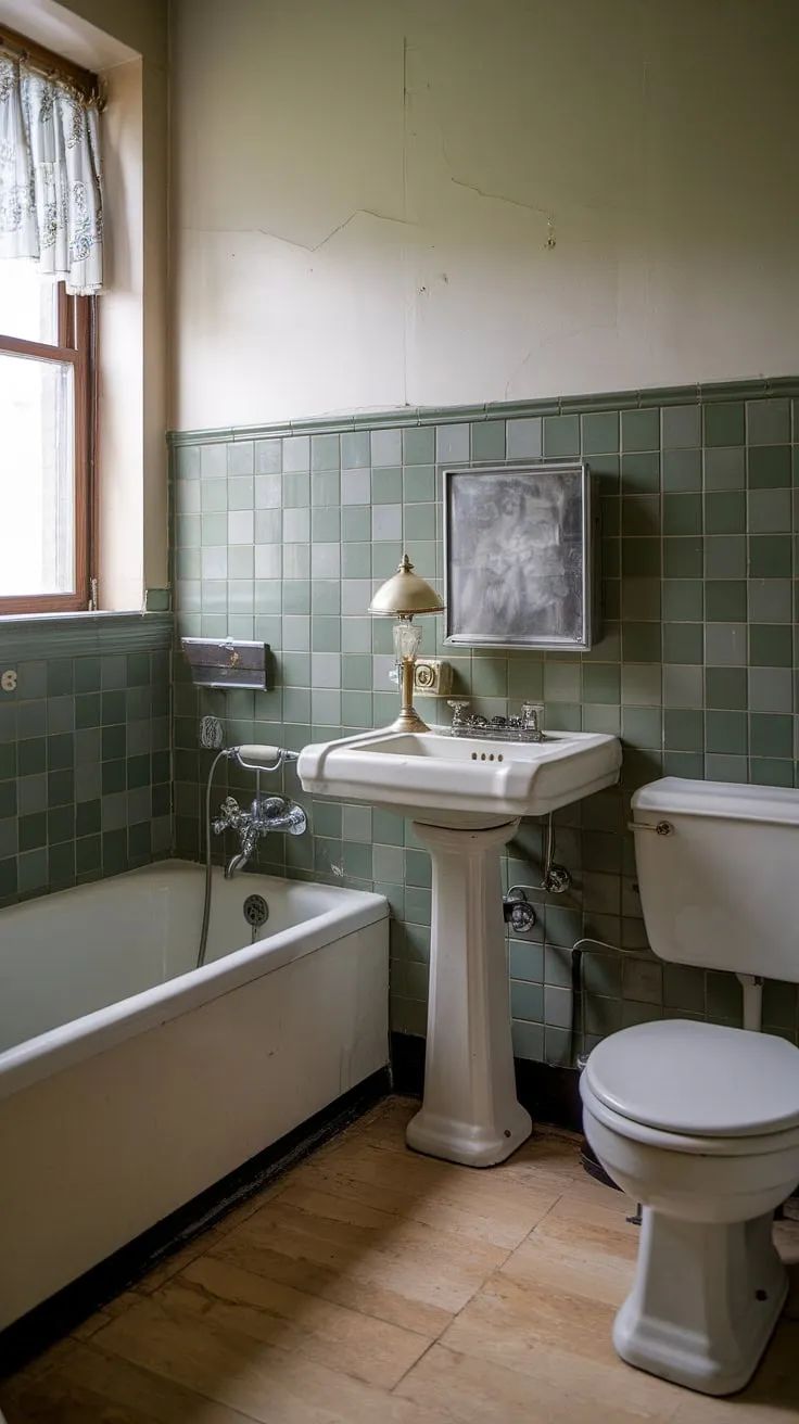 This petite bathroom, with its green and white patterned tiles and classic fixtures, is a delightful escape. The vintage lamp casts a warm glow on the pedestal sink, while the white bathtub promises blissful relaxation. A charming space brimming with character and old-world charm.
