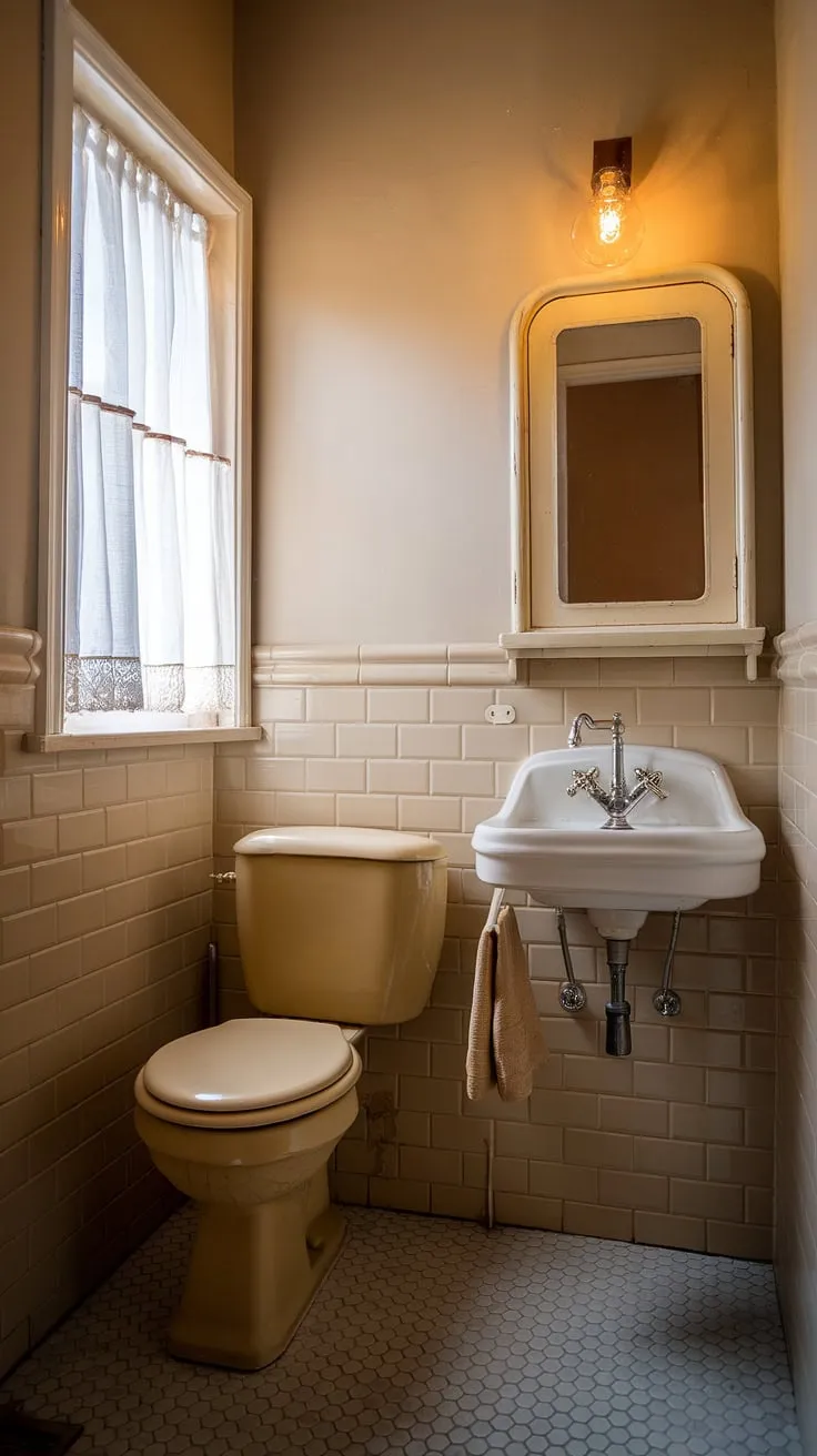 Step back in time in this charming vintage bathroom, where the warm lighting and beige and white tiles create a serene atmosphere. The simple elegance of the fixtures, from the vintage faucet to the neatly folded towel, speaks to a bygone era of understated luxury. A perfect escape.