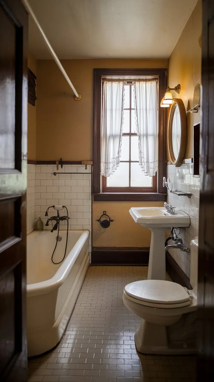 This cozy vintage bathroom, bathed in warm light, offers a tranquil retreat. The simple elegance of the white bathtub and pedestal sink, complemented by the beige tiles and vintage accents, creates a space of understated charm and timeless appeal. A true sanctuary.