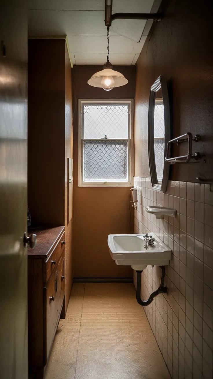 Step back in time in this quaint vintage bathroom, where the soft glow of the light fixture illuminates the aged elegance of the white sink and wooden cabinet. The muted tones of the tan walls and beige floor create a serene atmosphere, perfect for quiet contemplation. A charming window with a gridded pane offers a glimpse of the outside world, completing this tranquil escape.