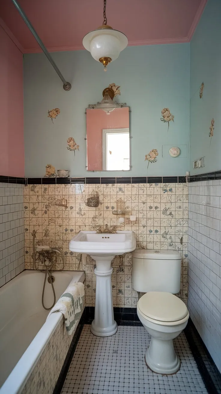 Step back in time with this charming vintage bathroom; its pastel hues, floral tiles, and black and white checkered floor create a space of understated elegance. A perfect blend of old-world charm and modern tranquility. A true escape.
