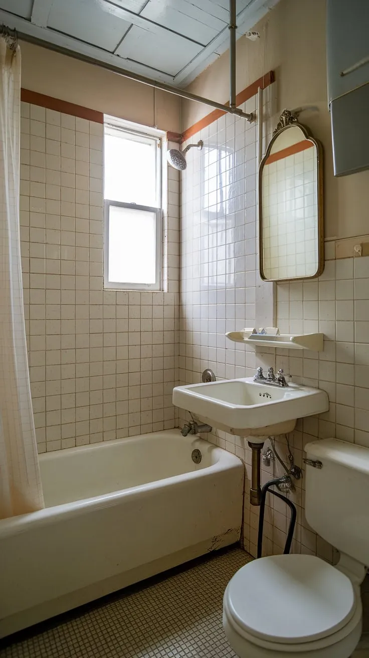 Step back in time in this charming vintage bathroom, where the checkered floor and brass fixtures whisper tales of old-fashioned elegance. The small window lets in a gentle light, illuminating the pristine white tub and inviting a moment of peaceful solitude. A perfect escape.