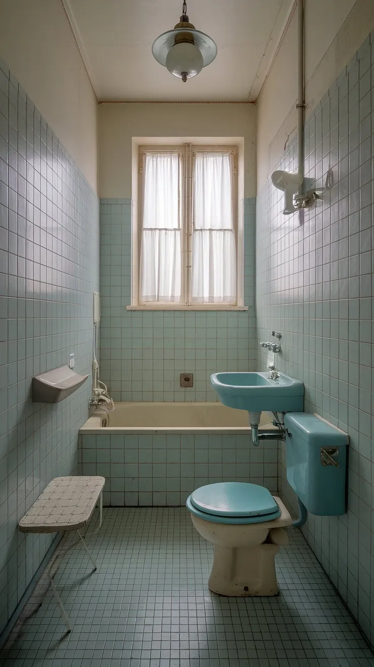 Step back in time in this charming vintage bathroom, where the light blue and white checkered floor and tiled walls create a serene atmosphere. The aged fixtures and thoughtful details, like the small table near the tub, whisper tales of simpler times. A perfect escape.