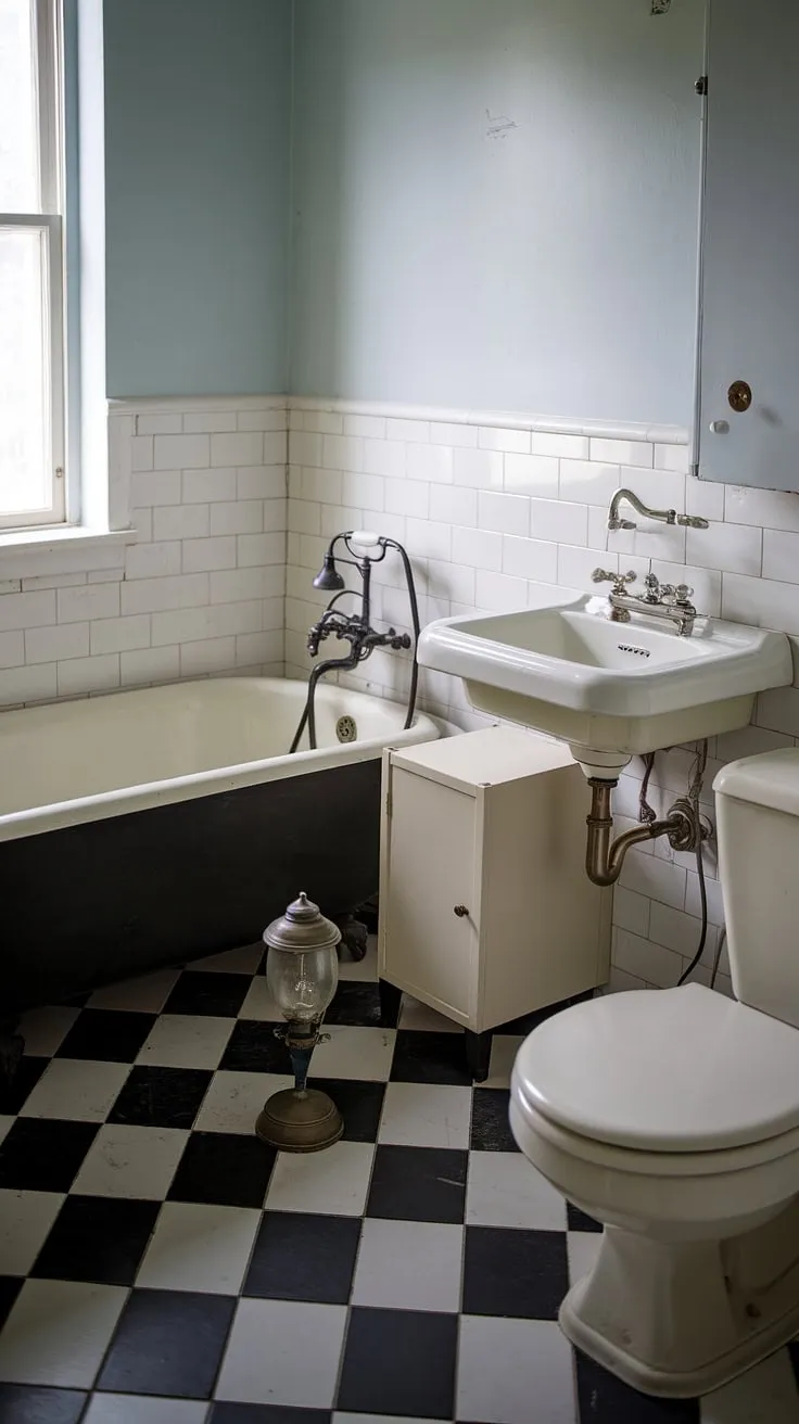 This quaint bathroom, with its light blue walls and black and white checkered floor, is a testament to timeless elegance. The vintage fixtures, including the clawfoot tub and antique sink, are beautifully complemented by the white cabinet and vintage lamp, creating a serene and a relaxing atmosphere. The small window lets in the perfect amount of natural light.