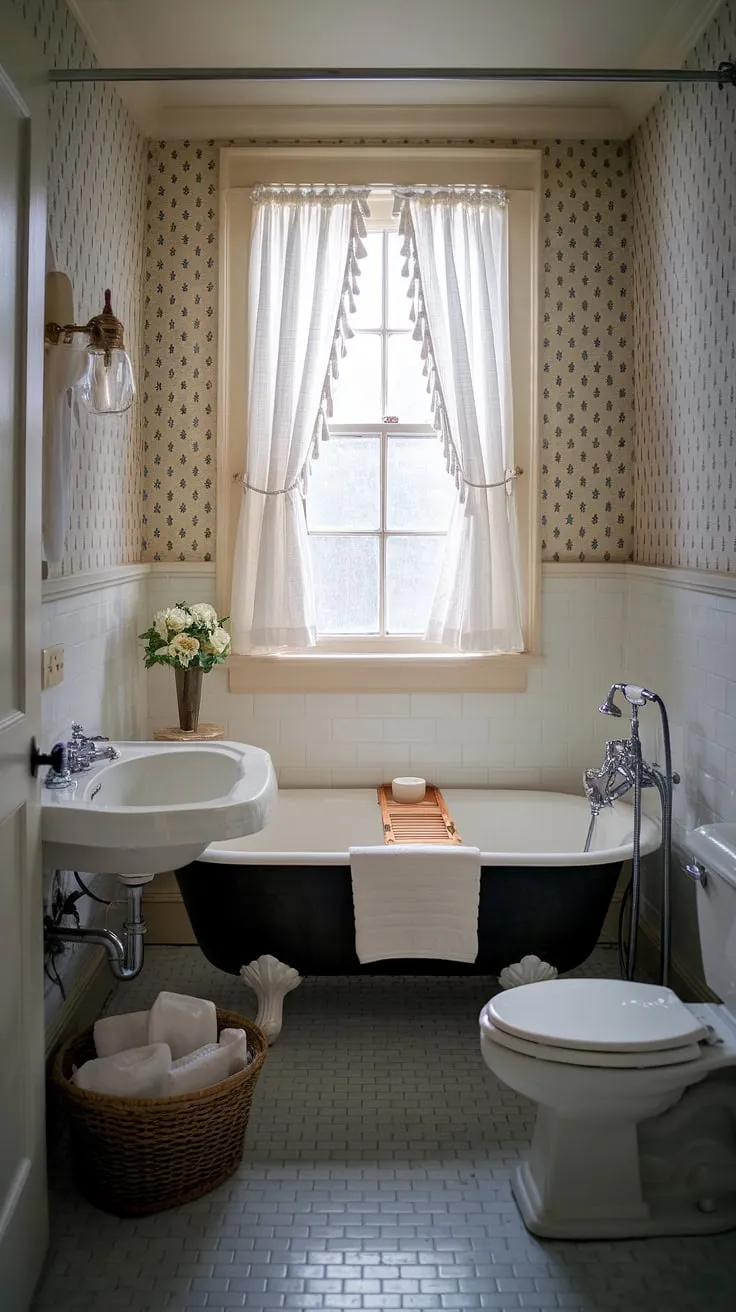 Step back in time with this charming vintage bathroom renovation. The patterned wallpaper, clawfoot tub, and antique sink create a dreamy escape, proving that small spaces can hold big style. A perfect blend of old-world charm and modern functionality, this space is a testament to the power of thoughtful design. A true sanctuary awaits.