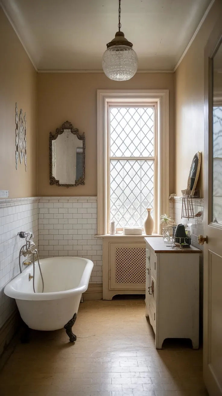 This exquisitely preserved vintage bathroom whispers tales of bygone eras. The delicate balance of beige and white, complemented by the clawfoot tub and charming window, evokes a sense of tranquility and timeless beauty. A true haven of understated luxury.