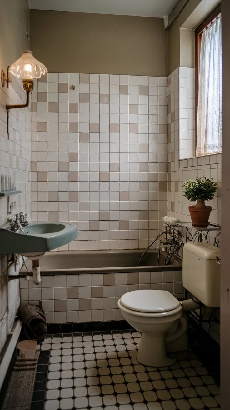 Step back in time to this charming vintage bathroom, where the checkered floor and patterned tiles whisper tales of bygone eras. A gentle light from the vintage lamp illuminates the space, creating a cozy and nostalgic atmosphere, perfectly complemented by the potted plant adding a touch of life. A sanctuary of simple elegance.
