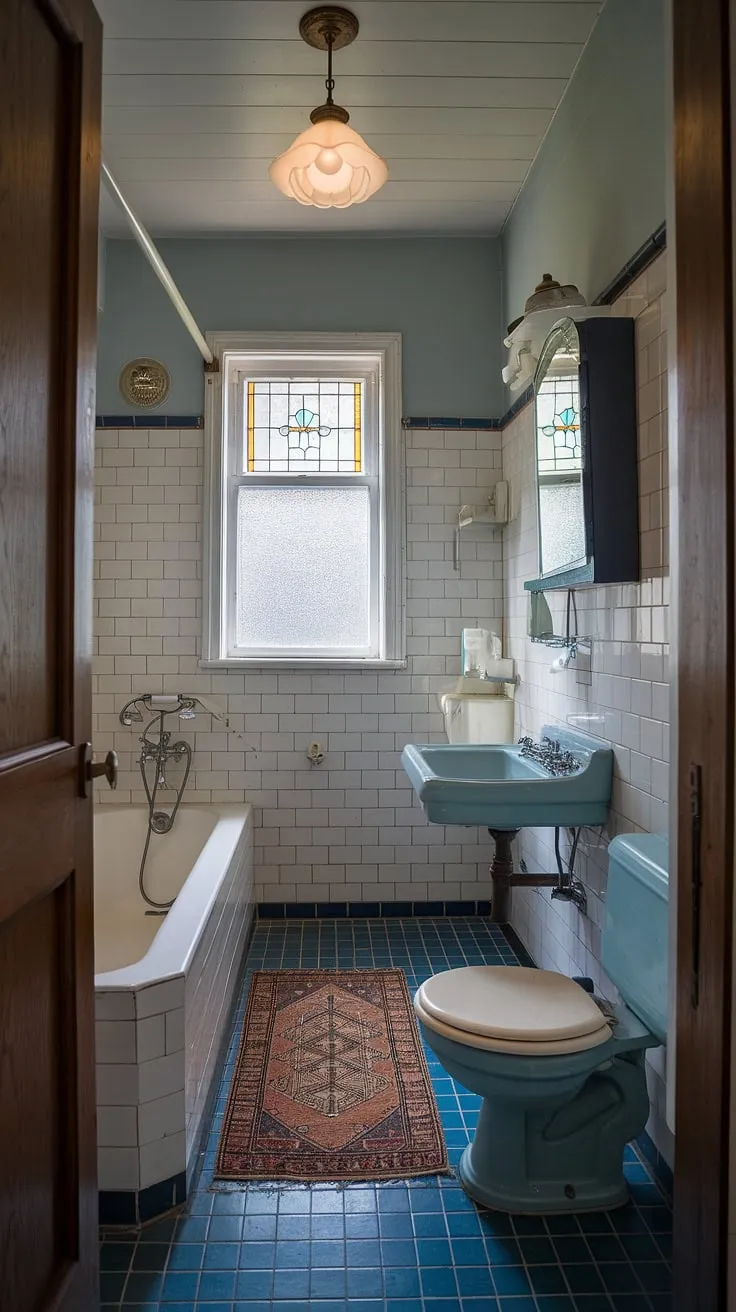 Step back in time in this charming vintage bathroom, where the blue tile floor and stained-glass window create a tranquil escape. The aged fixtures and wooden door whisper tales of bygone eras, a testament to enduring style and craftsmanship. A perfect blend of old-world charm and modern functionality.
