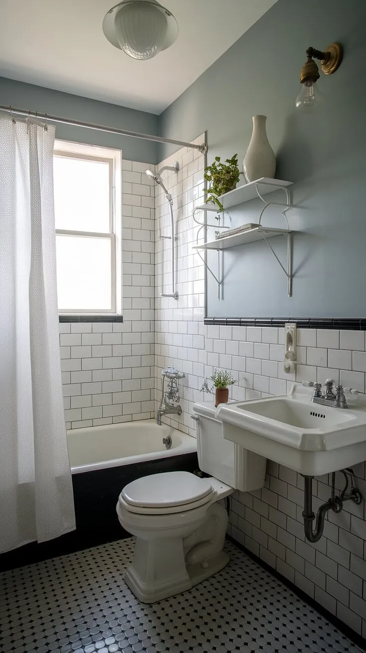 Step back in time in this charming vintage bathroom, where soft blue walls and a black and white checkered floor create a timeless atmosphere. A simple shelf holds a touch of greenery, adding a peaceful element to this perfectly preserved space.