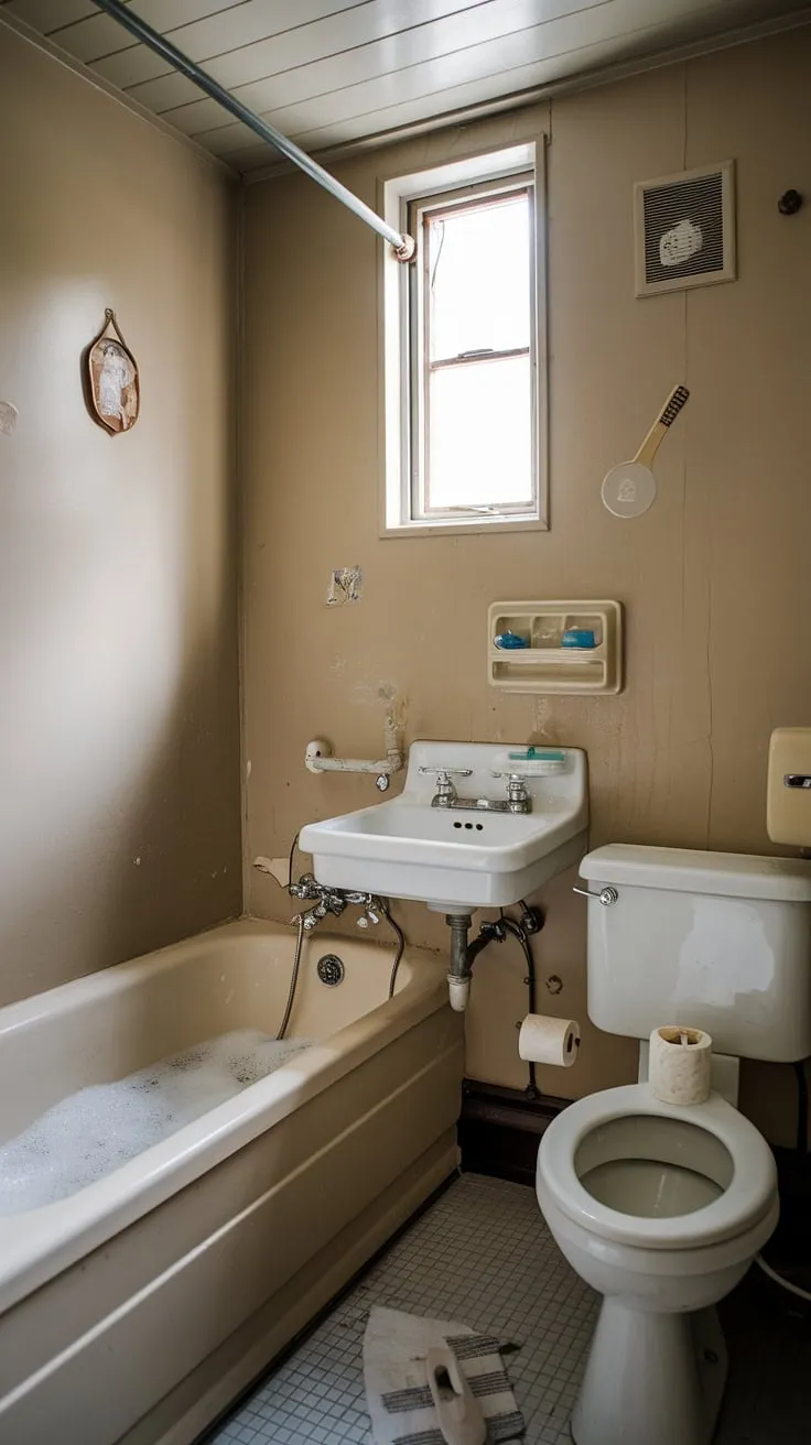 Step back in time with this charming vintage bathroom; the gentle bubbles in the tub, the simple elegance of the fixtures, and the quiet details speak volumes about a bygone era. A perfect blend of nostalgia and tranquility. A truly peaceful retreat.