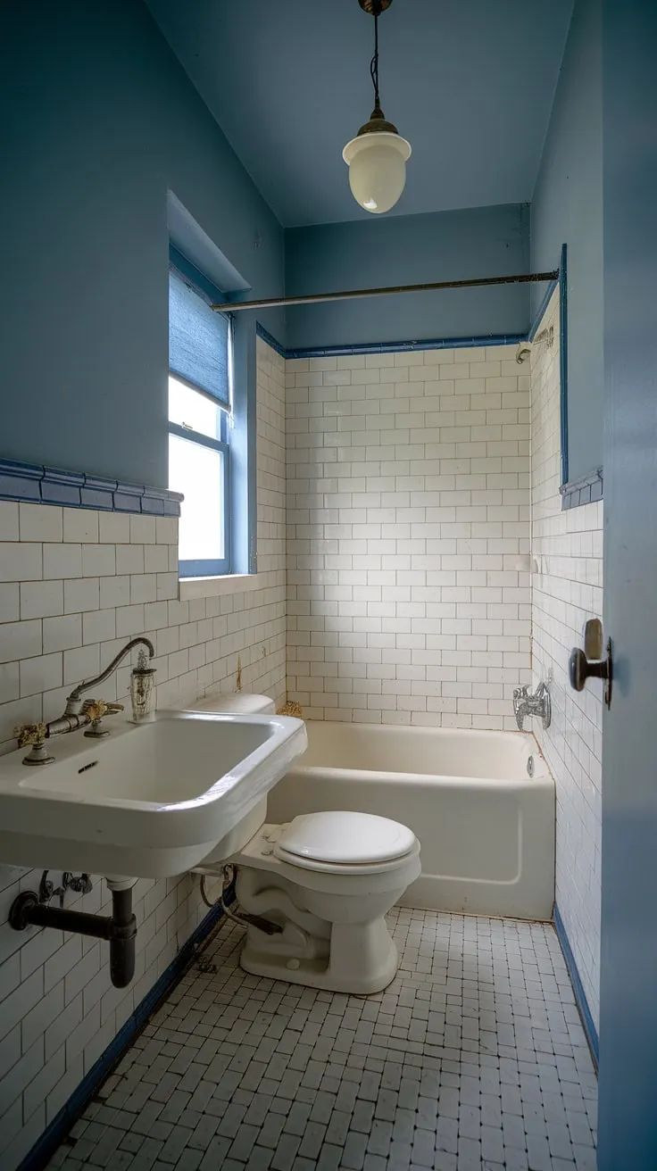 Step back in time with this charming, compact bathroom. The serene blue and white tiles, vintage fixtures, and soft light create a tranquil escape-a perfect example of how small spaces can be incredibly stylish and calming. A true testament to timeless design.