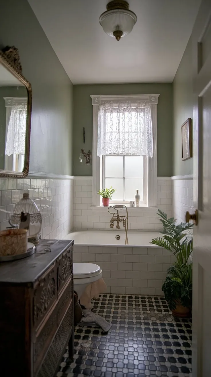 A perfectly curated vintage bathroom retreat. The combination of black and white flooring, a calming green wall, and antique accents creates a space that's both stylish and incredibly relaxing. A true sanctuary.