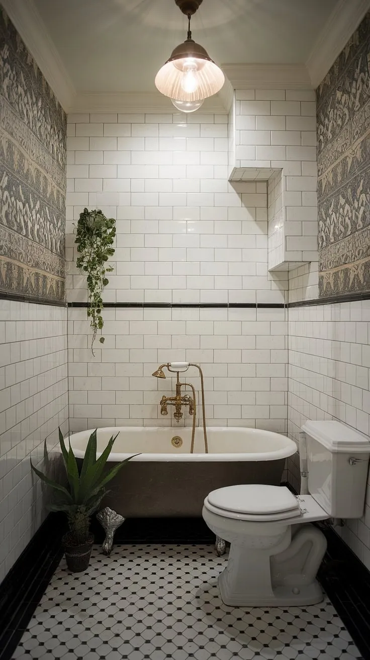 This tiny bathroom renovation is a testament to the power of thoughtful design. The classic black and white tiles, vintage tub with its gleaming gold fixtures, and carefully chosen details transform a small space into a dream bathroom. A sanctuary of style and serenity, perfectly showcasing how even limited square footage can be maximized for impact.