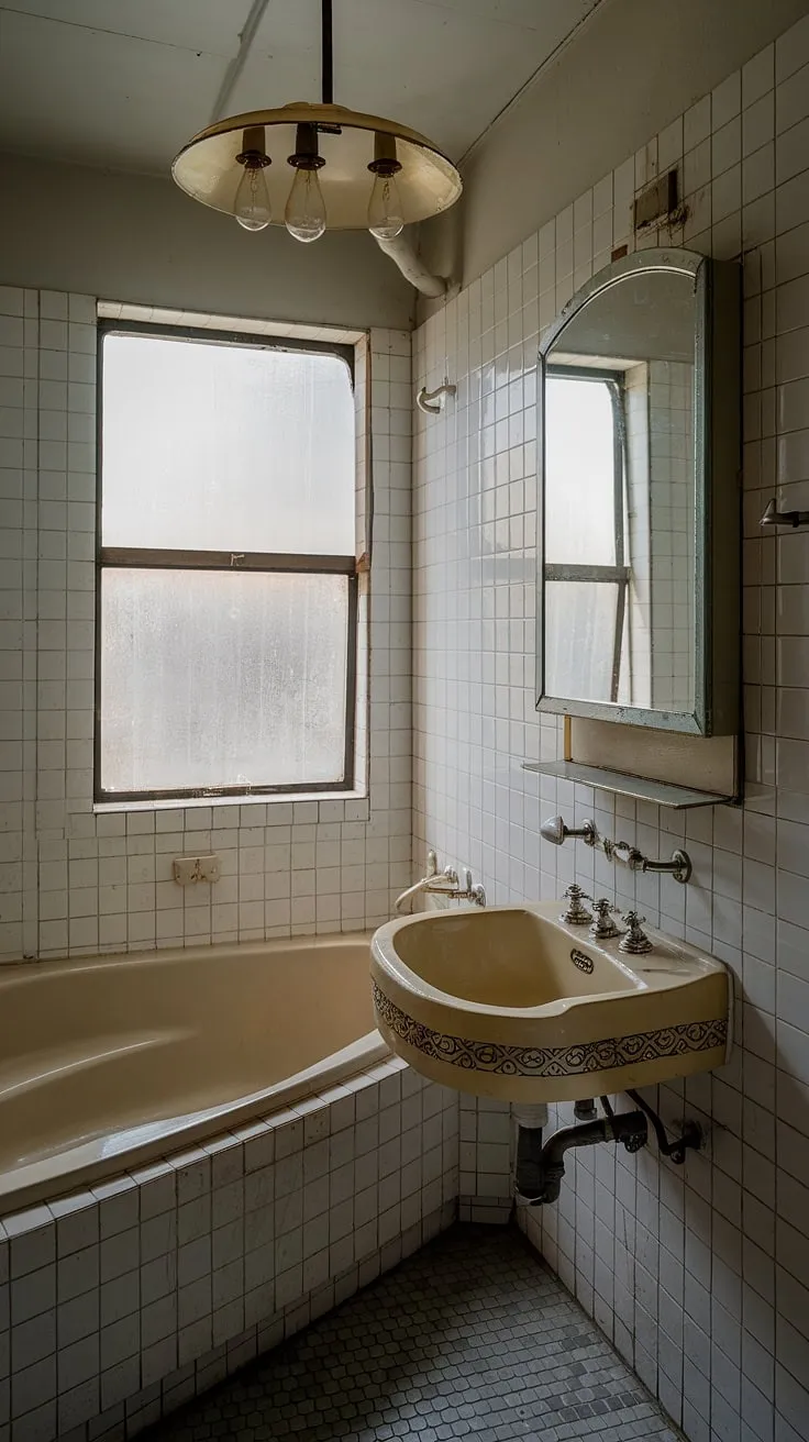 This exquisitely preserved vintage bathroom is a testament to timeless design. The gleaming white tiles, the graceful curves of the bathtub, and the intricate details of the sink and mirror all contribute to its undeniable charm. A true haven of understated luxury.