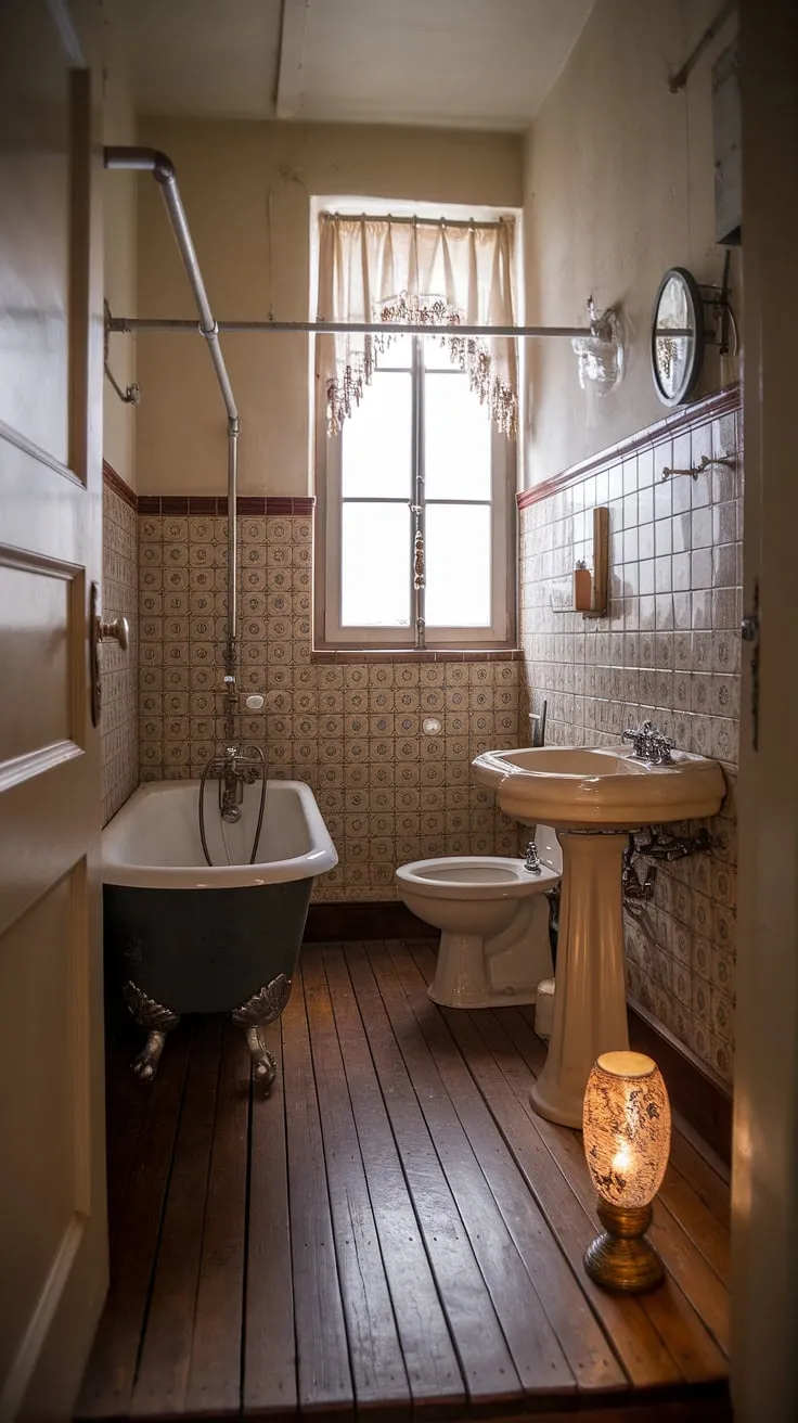 This quaint bathroom, with its detailed tile, wooden floors, and a charming vintage lamp, whispers tales of a bygone era. The freestanding tub and pedestal sink add to the nostalgic appeal, creating a space that's both elegant and incredibly comforting. A sanctuary of serenity.