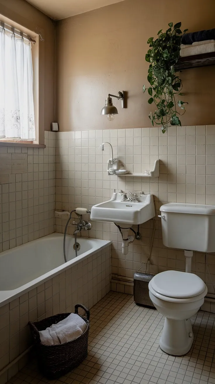 This quaint vintage bathroom, with its beige tiled walls and checkered floor, offers a peaceful retreat. The classic white bathtub, complemented by a vintage lamp and a thriving plant, creates a space of simple charm. A perfect spot for quiet contemplation and a touch of old-world elegance.