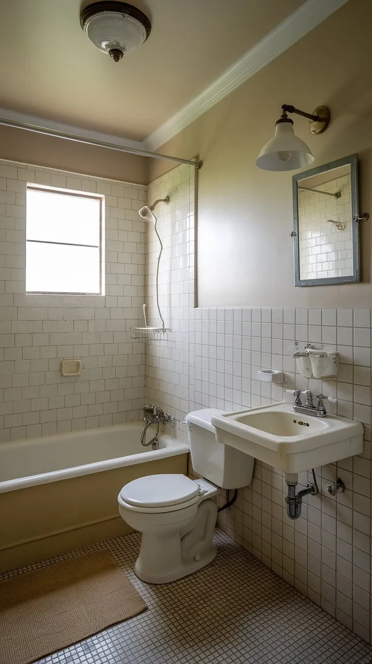 A haven of serenity, this petite vintage bathroom boasts a timeless elegance. The creamy beige tiles, antique sink, and gentle lighting combine to create a space of understated luxury and quiet sophistication.