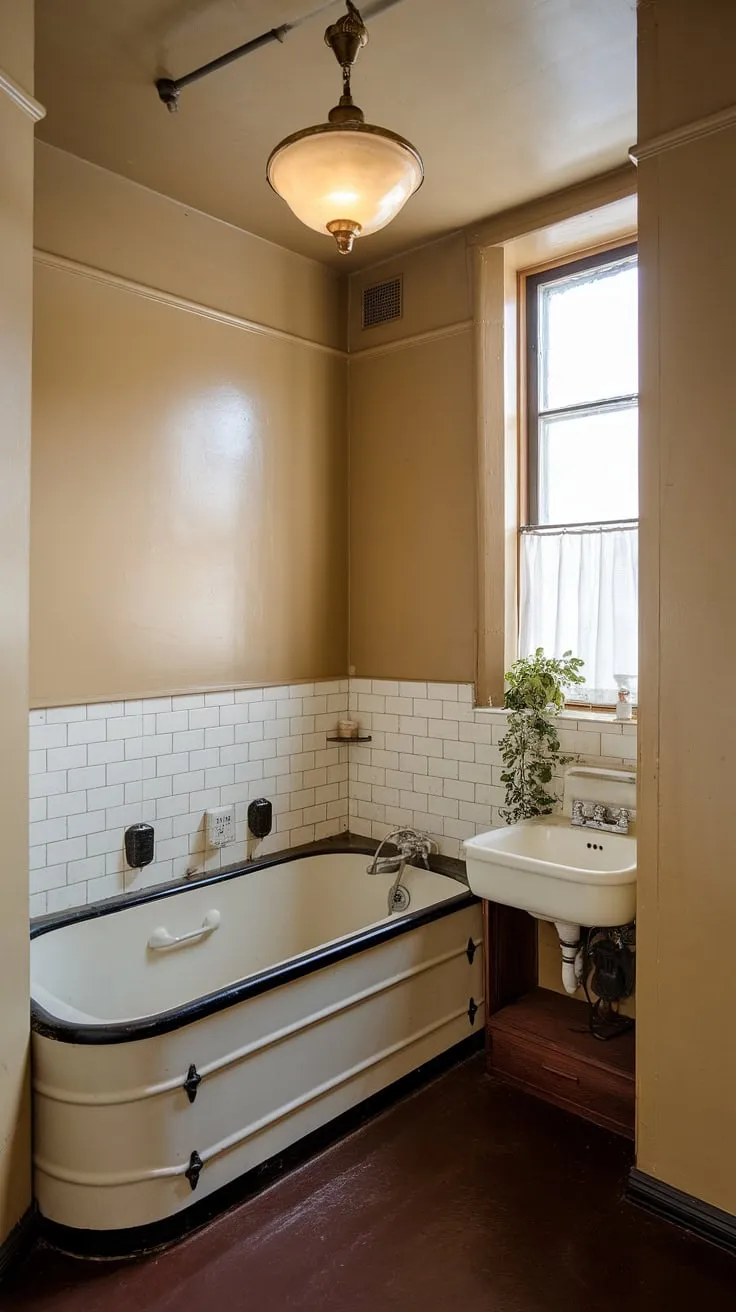 This petite vintage bathroom, with its black-accented tub and aged wooden sink cabinet, whispers tales of bygone eras. A soft light filters through the window, illuminating the space and highlighting the details of this wonderfully preserved a bathroom.