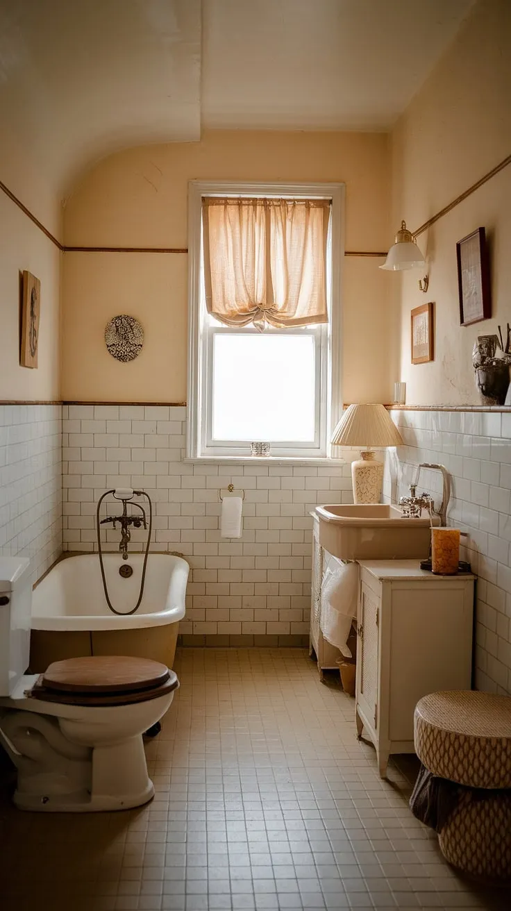 This cozy vintage bathroom, bathed in soft light, is a testament to timeless design. The beige and white color scheme, paired with the retro fixtures, creates a calming atmosphere. A quiet sanctuary where you can unwind and reconnect with a simpler era.