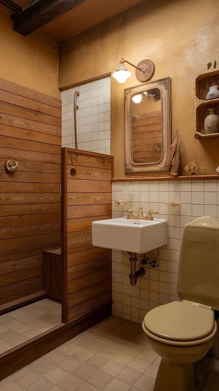 This cozy bathroom, bathed in soft light, is a haven of calm. The earthy tones of the wood and beige create a warm and inviting atmosphere, perfectly complemented by the crisp white sink and vintage mirror. A true sanctuary for relaxation.