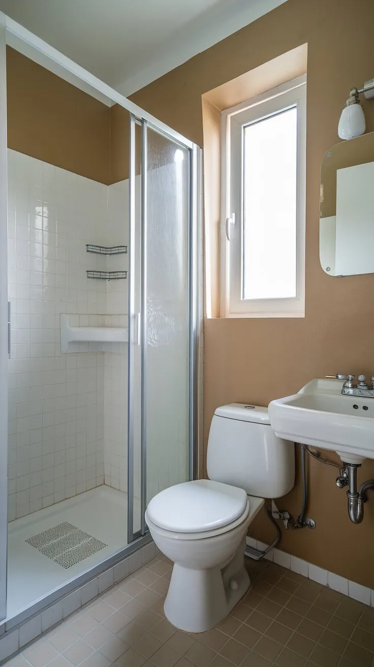 Maximize space and style in this small washroom; clever design transforms this ensuite bathroom into a functional half bathroom with shower. Small bath shower ideas at their finest.