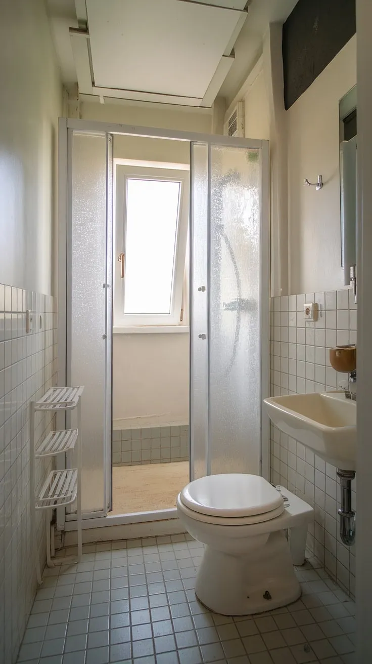Maximize space and style in this half bathroom with shower. This bathroom with shower cubicle proves that even a small washroom can be luxurious. The tiny bathroom ideas showcased here, including the window and neutral color palette, are perfect for small bath shower ideas and tiny shower room ideas. The result is a functional and aesthetically pleasing ensuite bathroom.