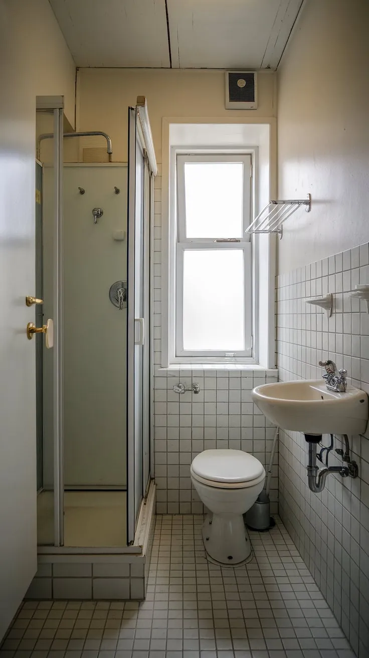 Maximize space and light in your small washroom with this inspiring design. This bathroom with shower cubicle demonstrates clever tiny bathroom ideas, perfect for a half bathroom with shower. The small window adds brightness to this tiny shower room, offering practical small bath shower ideas and showcasing how to create a functional ensuite bathroom even in a limited space. This small bathroom with window is a great example of tiny shower room ideas.
