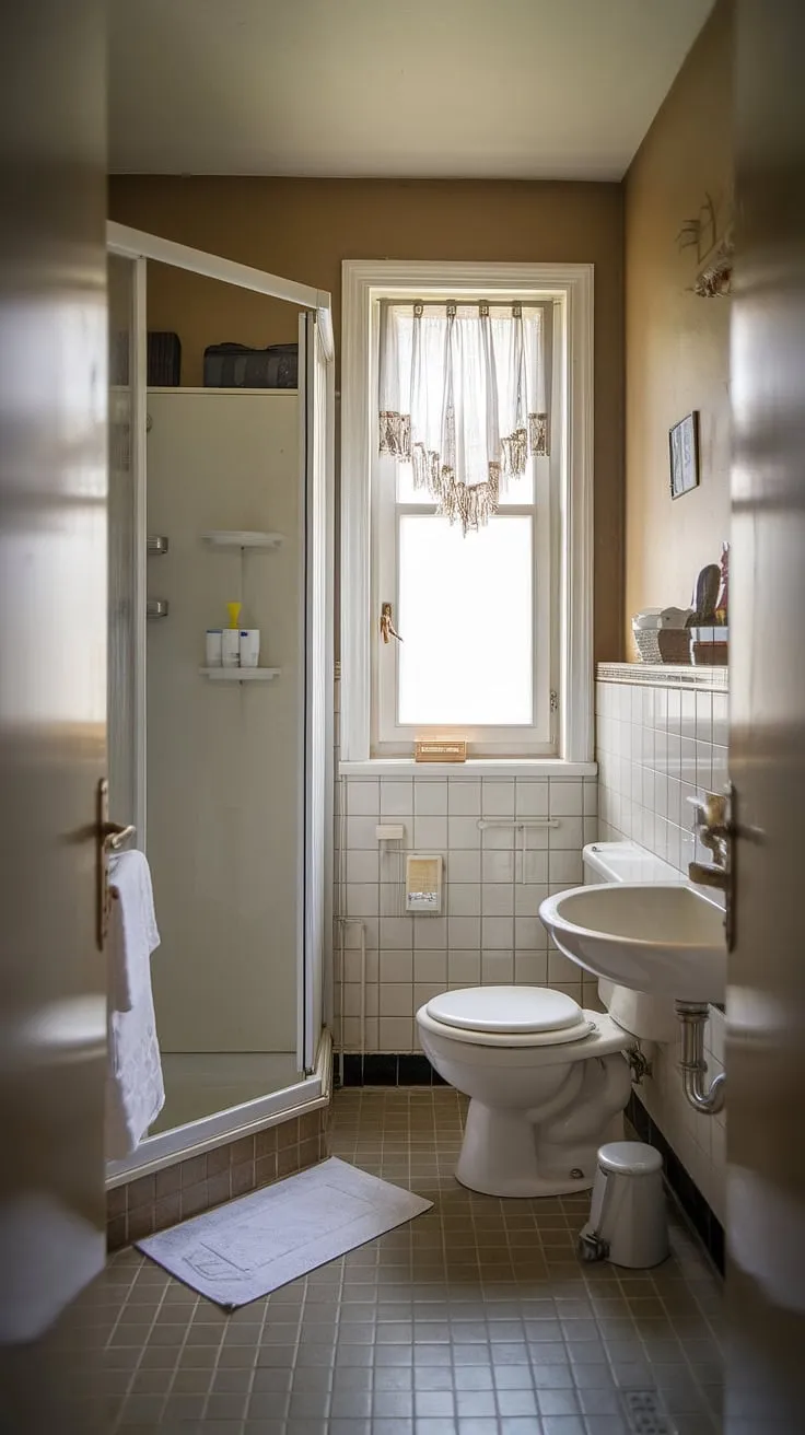 This small washroom, a perfect example of ensuite bathroom design, maximizes space with a shower cubicle, toilet, and sink. The small bathroom with window adds natural light, brightening this half bathroom with shower. Clever small bath shower ideas and tiny bathroom ideas are on full display here, proving that even a tiny shower room ideas can be stylish and functional.
