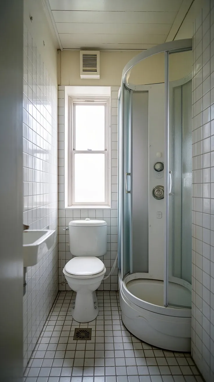 Clever design transforms this tiny bathroom into a functional and bright ensuite bathroom. The small bath shower ideas are evident in the compact shower cubicle with a glass door, maximizing the limited space. This small bathroom with window benefits from natural light, making it feel larger than it is. The half bathroom with shower is a perfect example of small bathroom with window and tiny shower room ideas, showcasing how to create a luxurious feel in a small washroom. Note the thoughtful inclusion of a floor drain.