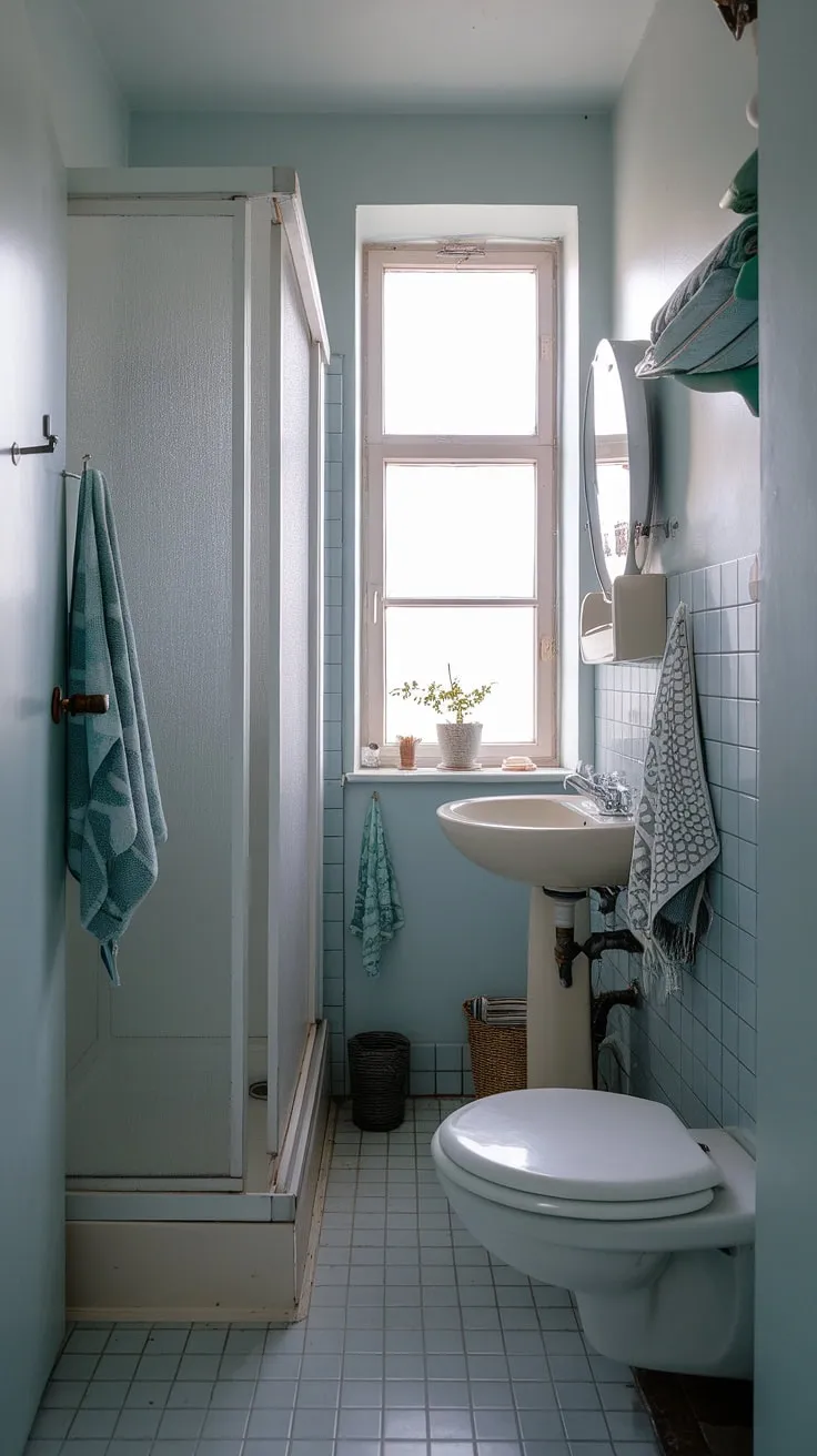 Maximize space and style in this charming small washroom; a perfect ensuite bathroom, half bathroom with shower, showcasing clever small bath shower ideas. This tiny bathroom ideas proves that even a bathroom with shower cubicle can feel spacious. The small bathroom with window and tiny shower room ideas add a touch of serenity.