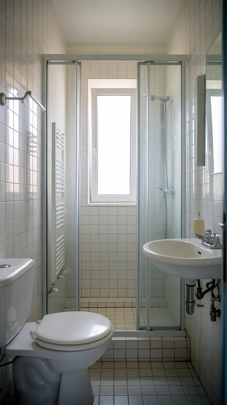 Maximize space and style in this tiny shower room! This small bath shower idea showcases a functional ensuite bathroom layout, featuring a shower cubicle, toilet, and sink within a small washroom. The small bathroom with window adds brightness, while the tiled walls and floor create a clean, modern aesthetic. Perfect for those seeking tiny bathroom ideas or inspiration for a half bathroom with shower, this bathroom with shower cubicle proves that even the smallest spaces can be luxurious.