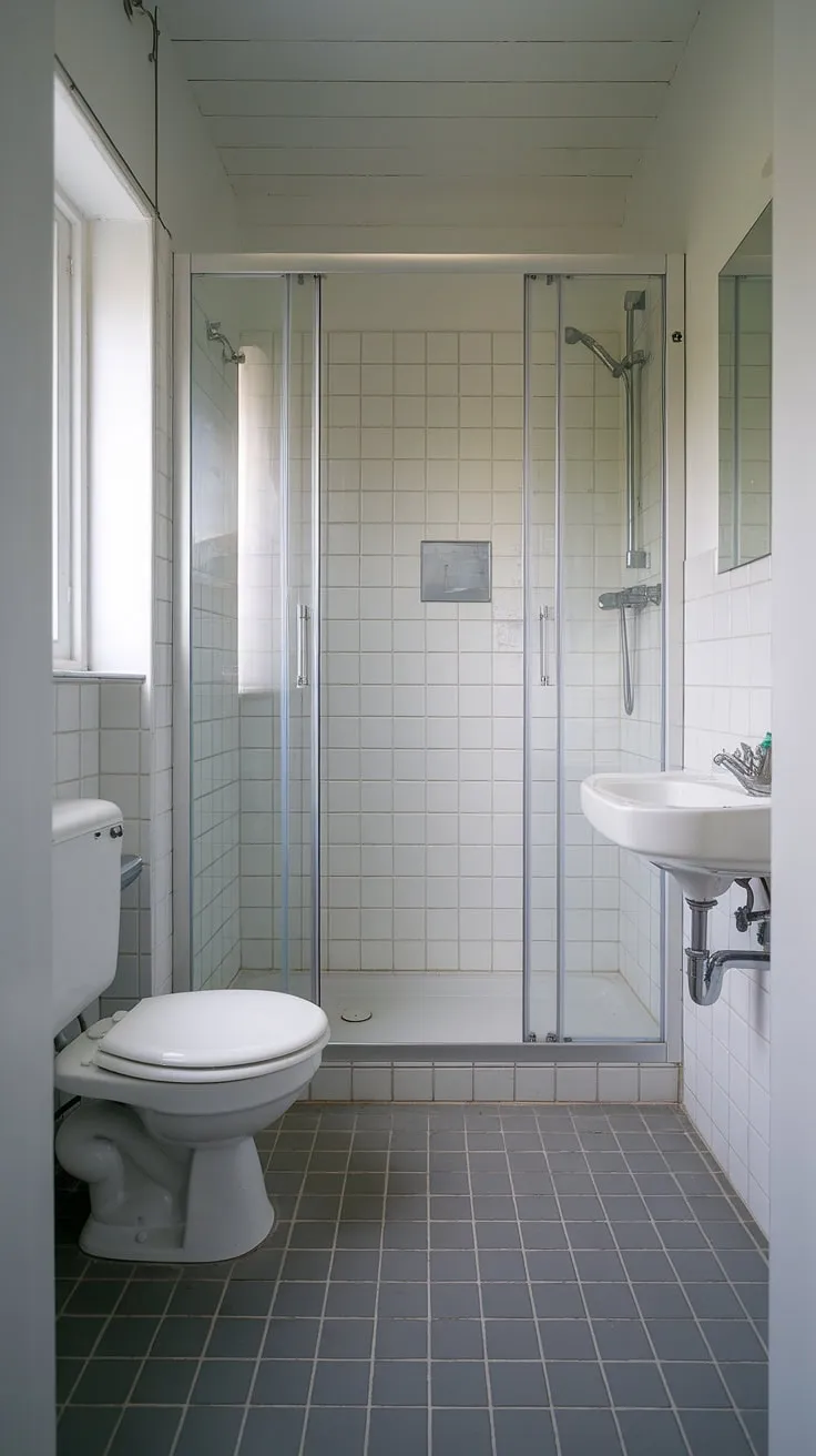 Maximize space and style in this small washroom; clever design transforms this ensuite bathroom, a half bathroom with shower, into a haven. Small bath shower ideas shine in this bathroom with shower cubicle, proving that tiny bathroom ideas and tiny shower room ideas can be both functional and chic, especially with a small bathroom with window.