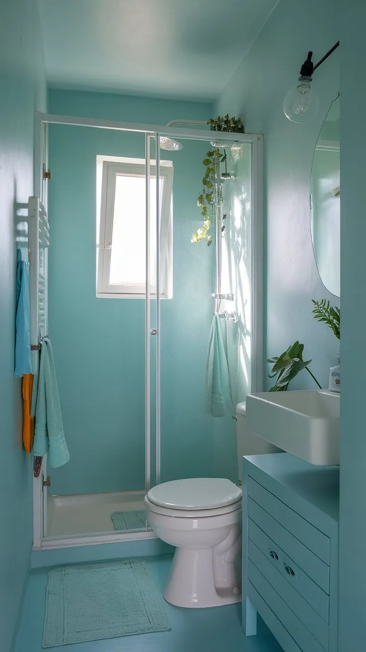 Maximize space and style in this tiny shower room ideas haven. This small bathroom with window boasts a light blue color scheme, a shower cubicle, and a white toilet and sink. The small bath shower ideas are evident in the efficient layout of this half bathroom with shower. Perfect for a small washroom or ensuite bathroom, this bathroom with shower cubicle demonstrates that even tiny bathroom ideas can be both functional and beautiful.