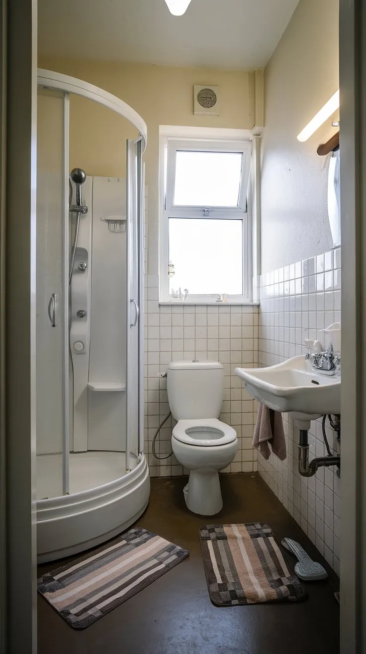 Maximize space and style in this tiny shower room! This bathroom with shower cubicle demonstrates excellent small bath shower ideas and tiny bathroom ideas, perfect for a small washroom or half bathroom with shower. The small bathroom with window brightens the space, while the dark floor adds a touch of sophistication to this compact ensuite bathroom.
