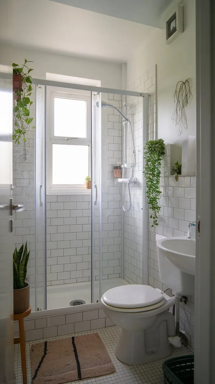 Maximize space and style in this tiny shower room! This small bath shower ideas showcase a half bathroom with shower, featuring a compact shower cubicle in a small bathroom with window. The ensuite bathroom boasts a bright white color scheme, accented with cheerful greenery, proving that even small bathroom with window can feel spacious and luxurious. This is a perfect example of tiny bathroom ideas for those seeking small washroom solutions.