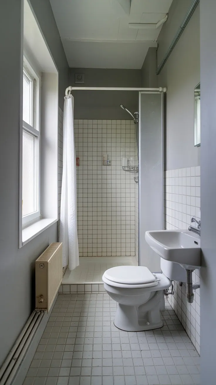 This small washroom, complete with shower cubicle, toilet, and sink, is a testament to efficient design. Small bath shower ideas abound in this ensuite bathroom, proving that a half bathroom with shower can be both functional and stylish. Get inspired by these tiny bathroom ideas and tiny shower room ideas for your own small bathroom with window.