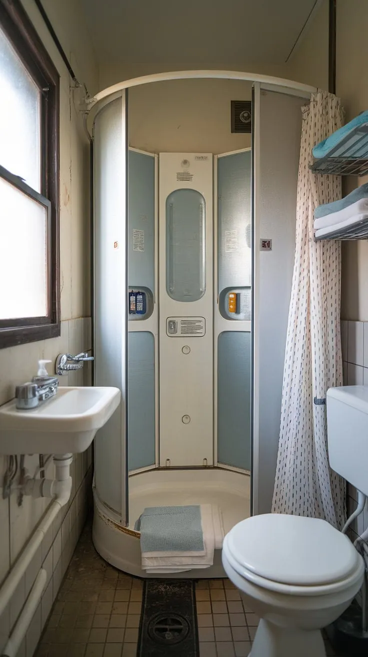 This small washroom, a perfect example of ensuite bathroom design, maximizes space with a shower cubicle, small sink, and toilet. The window adds natural light, brightening this half bathroom with shower. Clever small bath shower ideas and tiny bathroom ideas are on full display here, proving that even a tiny shower room can be stylish and functional. The tiled floor completes the look.
