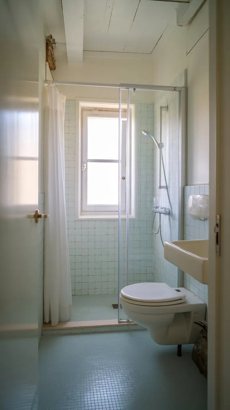 Maximize space and style in this small washroom; clever design transforms this ensuite bathroom into a functional half bathroom with shower. Small bath shower ideas shine in this tiny bathroom, showcasing a bathroom with shower cubicle and a small bathroom with window.