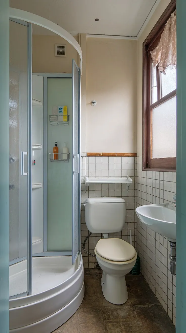 Maximize space and style in this tiny shower room! This small bathroom with window showcases clever small bath shower ideas, proving that a half bathroom with shower doesn't have to compromise on design. The small washroom features a shower cubicle, toilet, and sink, all neatly arranged within a compact footprint. Perfect for those seeking tiny bathroom ideas and efficient ensuite bathroom solutions.