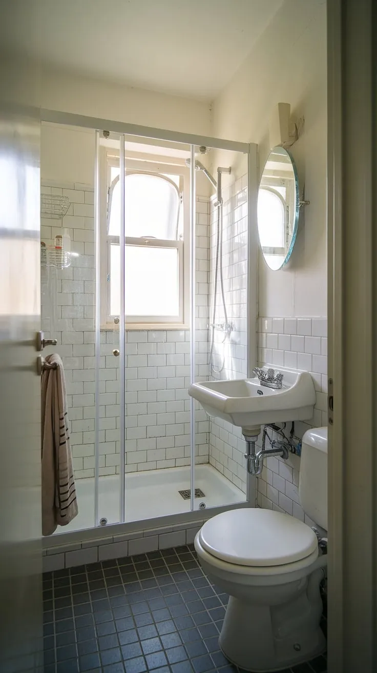 Maximize space and light in your tiny bathroom ideas with this inspiring design. The small bathroom with window allows natural light to flood this compact bathroom with shower cubicle. This small bath shower ideas example demonstrates how a half bathroom with shower can be both functional and stylish, even in a small washroom.