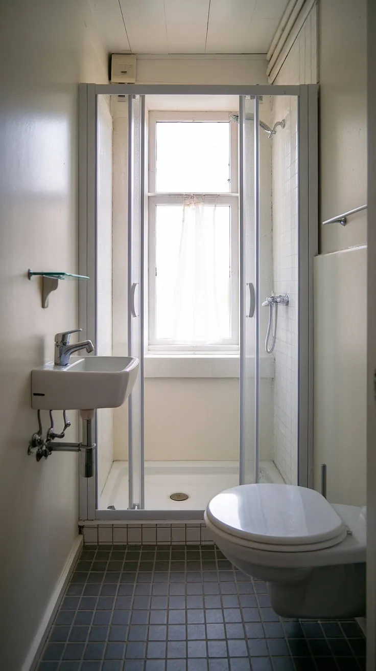 This small washroom, a perfectly formed ensuite bathroom, maximizes space with clever design. The half bathroom with shower features a compact shower cubicle and a wall-mounted sink, proving that even tiny bathroom ideas can be stylish and functional. The small bathroom with window, complete with a curtain, adds a touch of brightness. This is a prime example of small bath shower ideas and tiny shower room ideas for maximizing space in a small space.