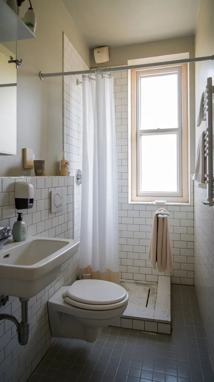Maximize space and style in this small washroom; clever design transforms this ensuite bathroom into a functional half bathroom with shower, showcasing small bath shower ideas perfect for tiny bathroom ideas. The small bathroom with window adds brightness.