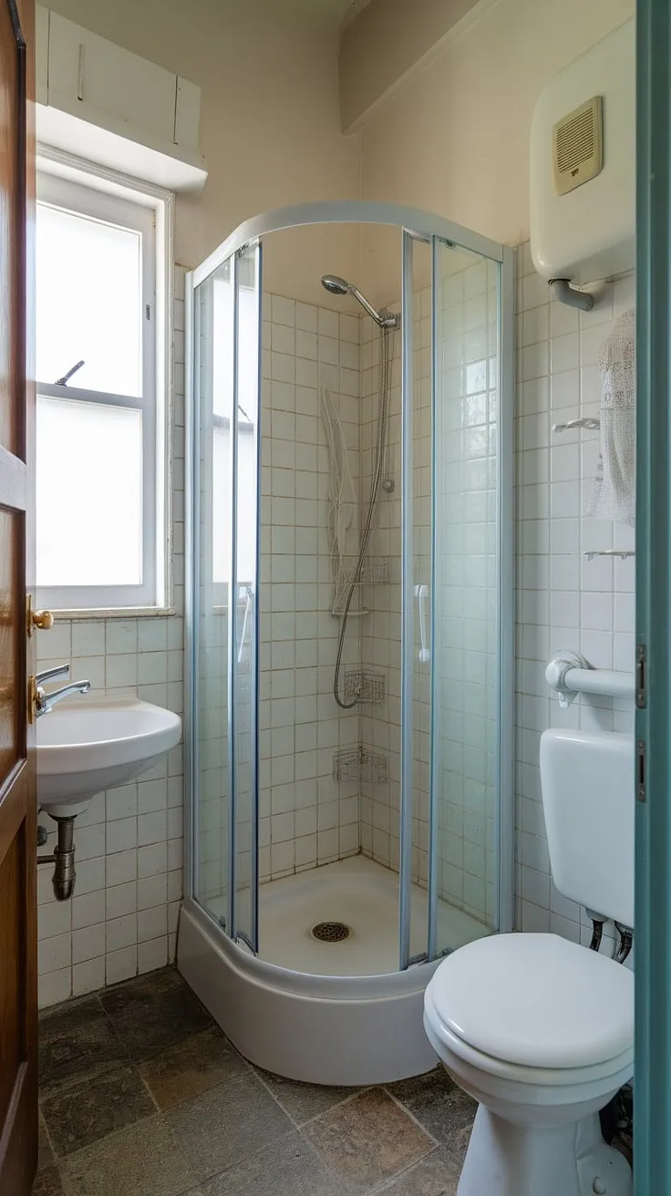This small washroom, a perfect example of ensuite bathroom design, maximizes space with clever placement. The half bathroom with shower features a shower cubicle with a glass door, a sink near the entrance, and a toilet by the window, proving that even tiny bathroom ideas can be stylish and functional. Small bath shower ideas like this one demonstrate how to create a luxurious feel in a compact space. The small bathroom with window adds natural light, brightening the room. This is a great example of tiny shower room ideas for maximizing space and style.