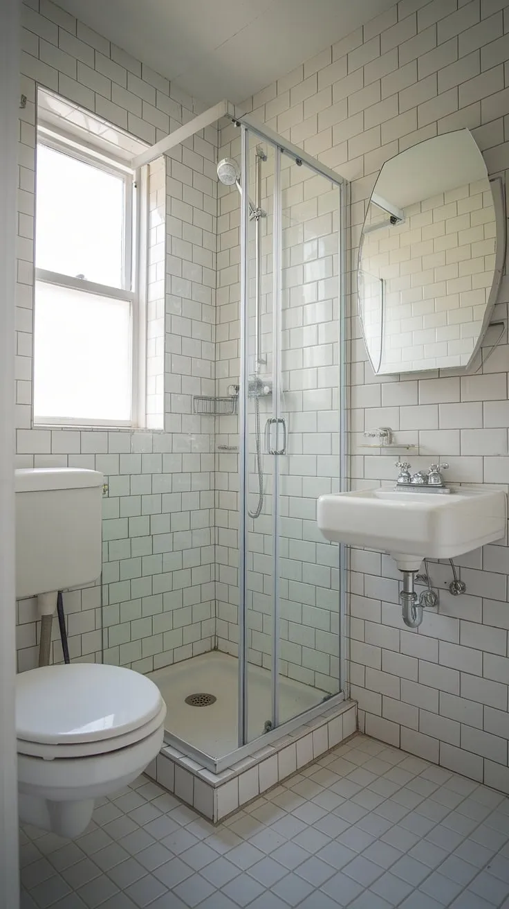 Maximize space and style in this small washroom; this ensuite bathroom, a half bathroom with shower, proves that even a bathroom with shower cubicle can be luxurious. Small bath shower ideas and tiny bathroom ideas come alive in this bright, airy space, showcasing the beauty of a small bathroom with window.