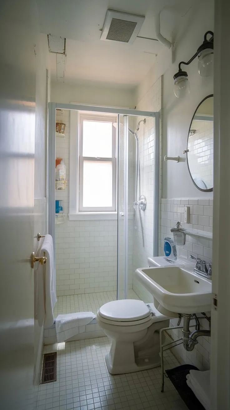 This small washroom, a perfect example of ensuite bathroom design, maximizes space with a shower cubicle, toilet, and sink. The small bathroom with window provides natural light, brightening this tiny shower room. Clever small bath shower ideas are on full display here, proving that even a half bathroom with shower can be stylish and functional. This bathroom with shower cubicle showcases how tiny bathroom ideas can transform a compact space.