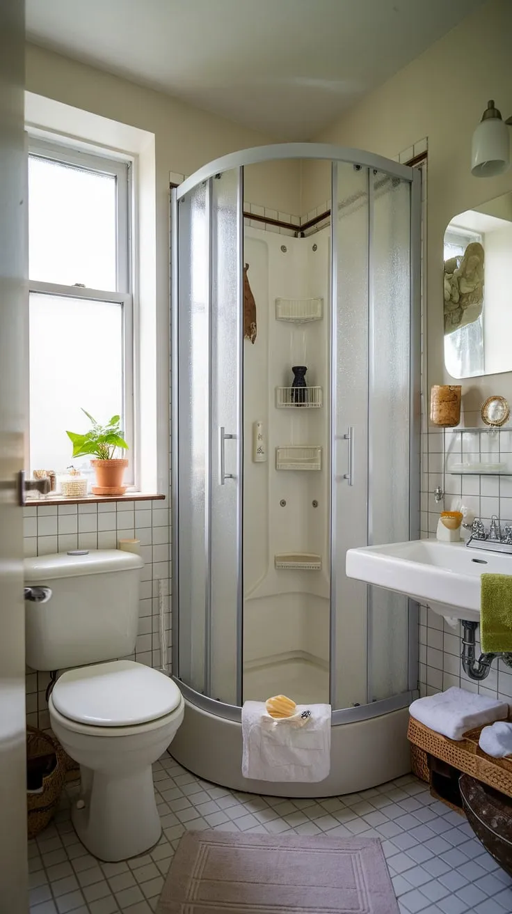 This small washroom, a perfect example of ensuite bathroom design, maximizes space with clever placement of a toilet, sink, and shower cubicle. The inclusion of a window brightens this half bathroom with shower, offering a surprisingly spacious feel. These small bath shower ideas and tiny bathroom ideas prove that even the tiniest shower room ideas can be stylish and functional.