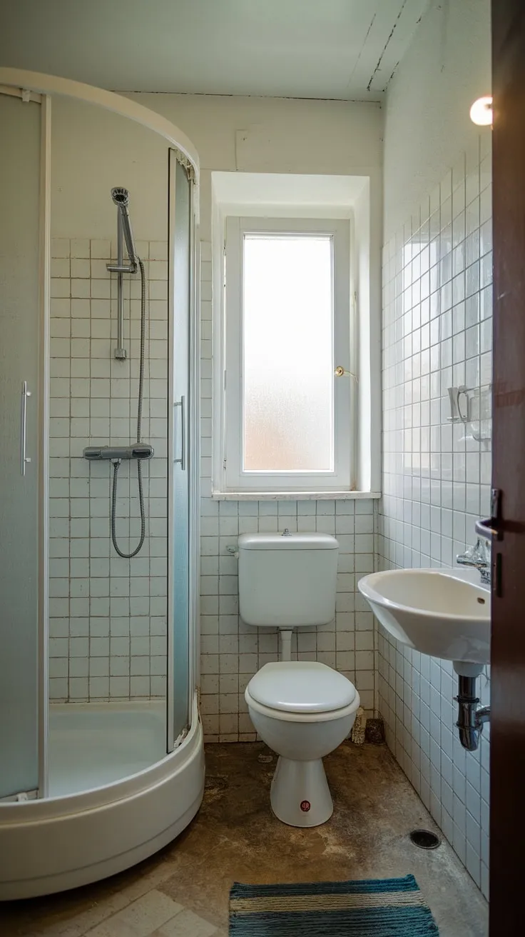 Sunlight streams into this small washroom, brightening the tiled walls and highlighting the efficient layout. This ensuite bathroom, a perfect example of small bath shower ideas, features a shower cubicle, toilet, and sink, proving that even a half bathroom with shower can feel spacious. Clever use of space makes this tiny bathroom ideas inspiration a winner. The small bathroom with window adds a touch of elegance.