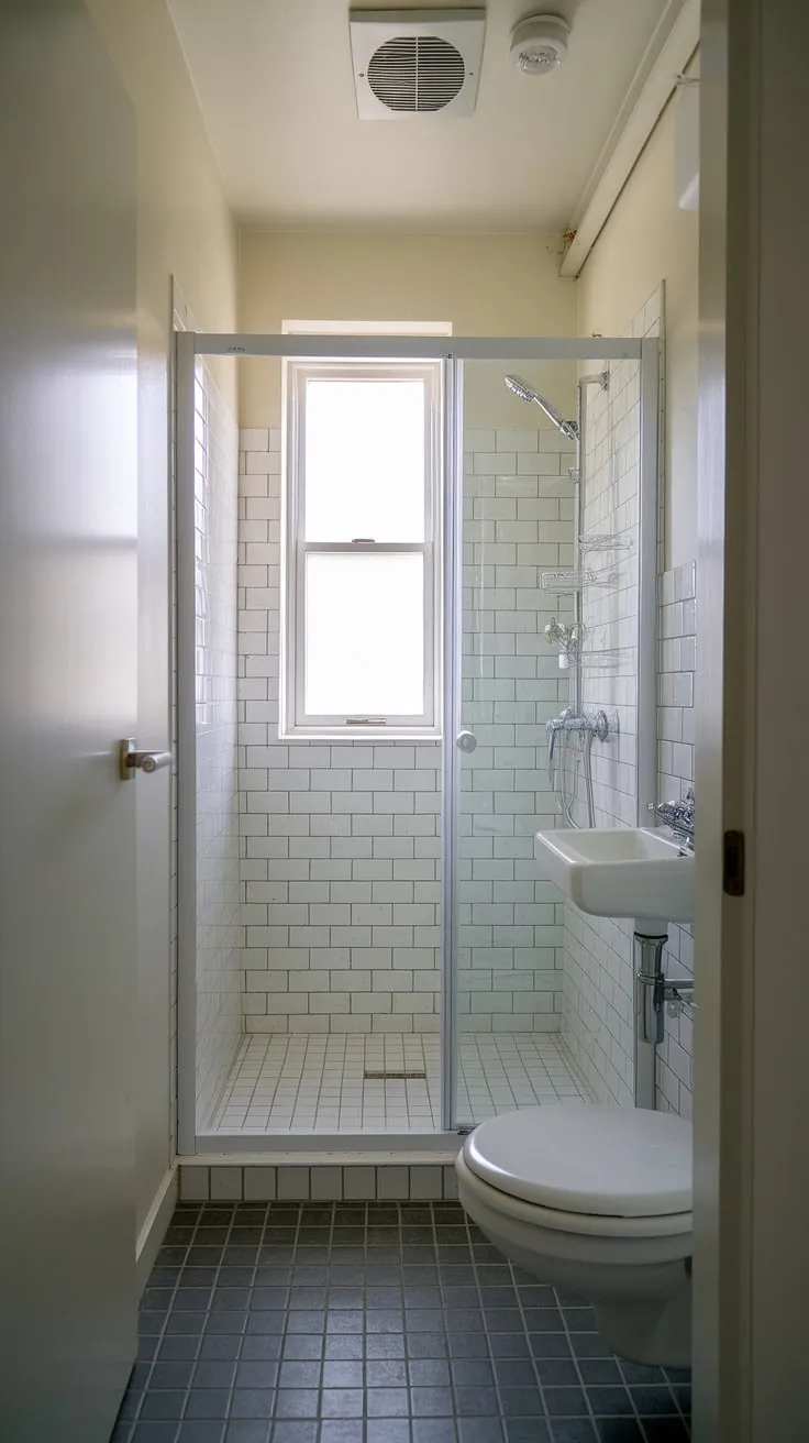 Maximize space and style in this small washroom; clever design transforms this ensuite bathroom into a functional half bathroom with shower. Small bath shower ideas at their finest.