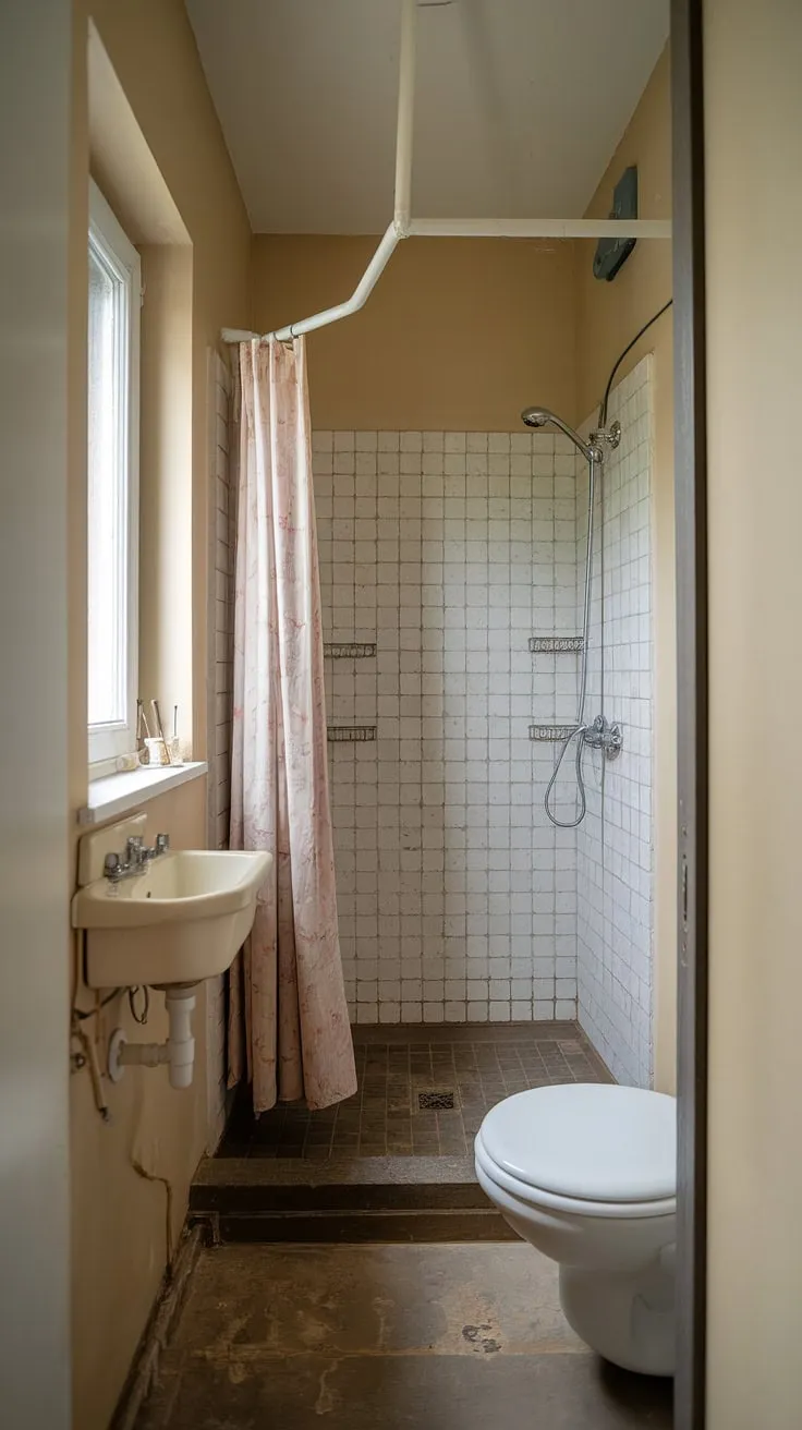 This small washroom, a perfect example of ensuite bathroom design, maximizes space with a shower cubicle, small sink, and toilet. The window adds natural light, brightening this half bathroom with shower. Great small bath shower ideas and tiny bathroom ideas are on display here, proving that even a tiny shower room can be stylish and functional.