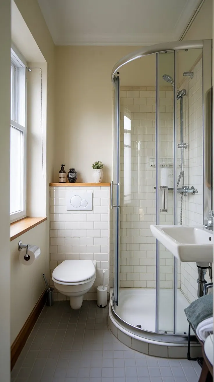 Maximize space and style in this small washroom. This ensuite bathroom, a perfect example of small bath shower ideas, proves that even a half bathroom with shower can be luxurious. The bathroom with shower cubicle and small bathroom with window makes the most of natural light.
